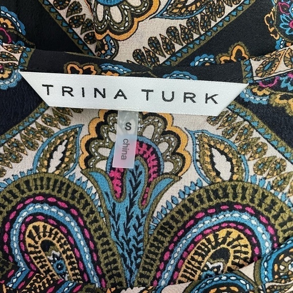 TRINA Turk 100% Silk Paisley Button Down Elastic Waist Long Sleeve Blouse, Small - Picture 3 of 8